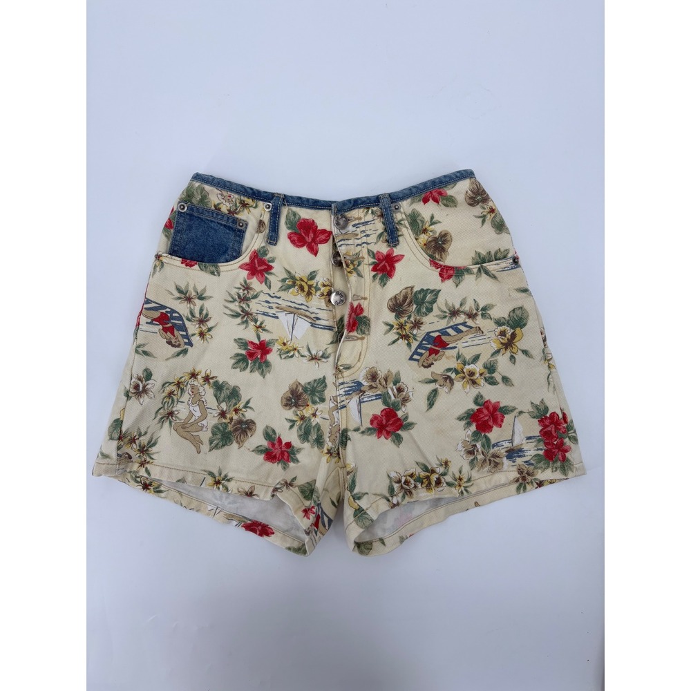 Vintage Paris Blues Originals Tropical Pin Up Girl Floral Denim Shorts Cream 5